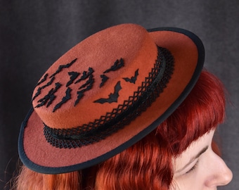 Burnt Orange Pumpkin Wool Felt Boater with lace, velvet, black bats | millinery, hat, boater, goth, retro, goth, gothic, vintage inspired