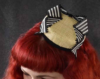 Straw Raffia Mini Pillbox cocktail hat with black and white striped ribbon bow, black European crystals rhinestones  | retro, vintage