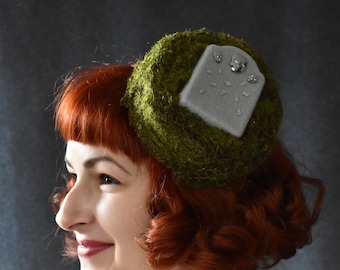 Tombstone, faux moss and Crystal skulls pillbox hat | graveyard, cemetery, goth, Halloween, mini hat, cocktail hat, derby, ascot, photoshoot