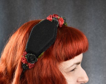 Double Coffin Floral Headband | goth, gothic, lolita, floral headpiece, flower crown, coffins, Halloween, goth wedding, photoshoot