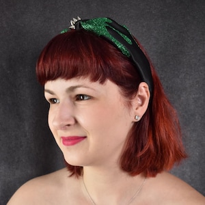 Dripping Green Ooze Headband with Green Glitter and silver spikes, studs | horror, goth, Halloween, emo, hair accessory, punk, glitter