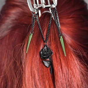 Hair Clip with green spikes, black chains, black rose charm | goth, gothic, emo, alt, alternative, hair clip, gift, jaw clip, hair accessory