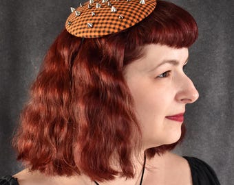 Orange and Black Gingham Halloween fascinator with studs | spikes, punk