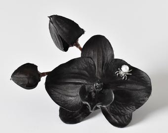 Black orchid with pearl spider hair flower clip | hair flowers, hair clips, retro, pinup, burlesque, goth, gothabilly, hair accessory, gift