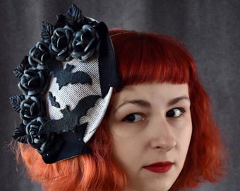 Goth grey and black fascinator with bats, roses, and rhinestones | goth, gothic, fascinator, Halloween, derby, royal ascot, photoshoot