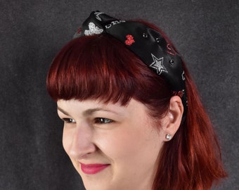 Headband with early 2000s MCBling style silver and red glitter graphics, and black gems |  Myspace, glitter, headband, gift, internet, Dollz