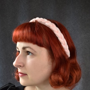Light Pink Velvet Braided Headband with vintage velvet | retro, vintage inspired, pink, baby pink, velvet, fashion, slim headband, coquette