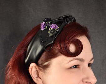 Asymmetric Faux Leather Headband with mulberry paper flowers, chains, gems | goth, gothic, faux leather, glam, hair accessory, gift, edgy