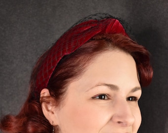 Dark Red Velvet and Black veiling headband | goth, gothic, velvet headband, hair accessory, emo, glam, womens headband gift retro pinup