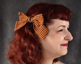 Grunge Orange and Black Gingham Halloween Hair Bow | punk, clip