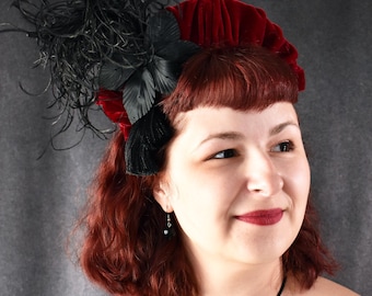 Gothic Berry Red Velvet headband fascinator with feathers, tassels, vintage flower, and European crystals | goth