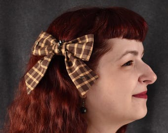 Grunge Purple and Beige Plaid Flannel Hair Bow | punk, clip