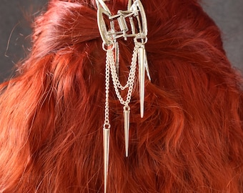 Jaw hair clip with silver spikes, chains | edgy, rocker, punk, goth, gothic, emo, deathrock, Halloween, spike hair accessory,