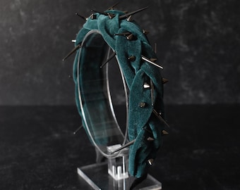 Vintage emerald green velvet headband with gunmetal studs and spikes | goth, gothic, punk, metal, glam, hair accessory, gift, emo, edgy,