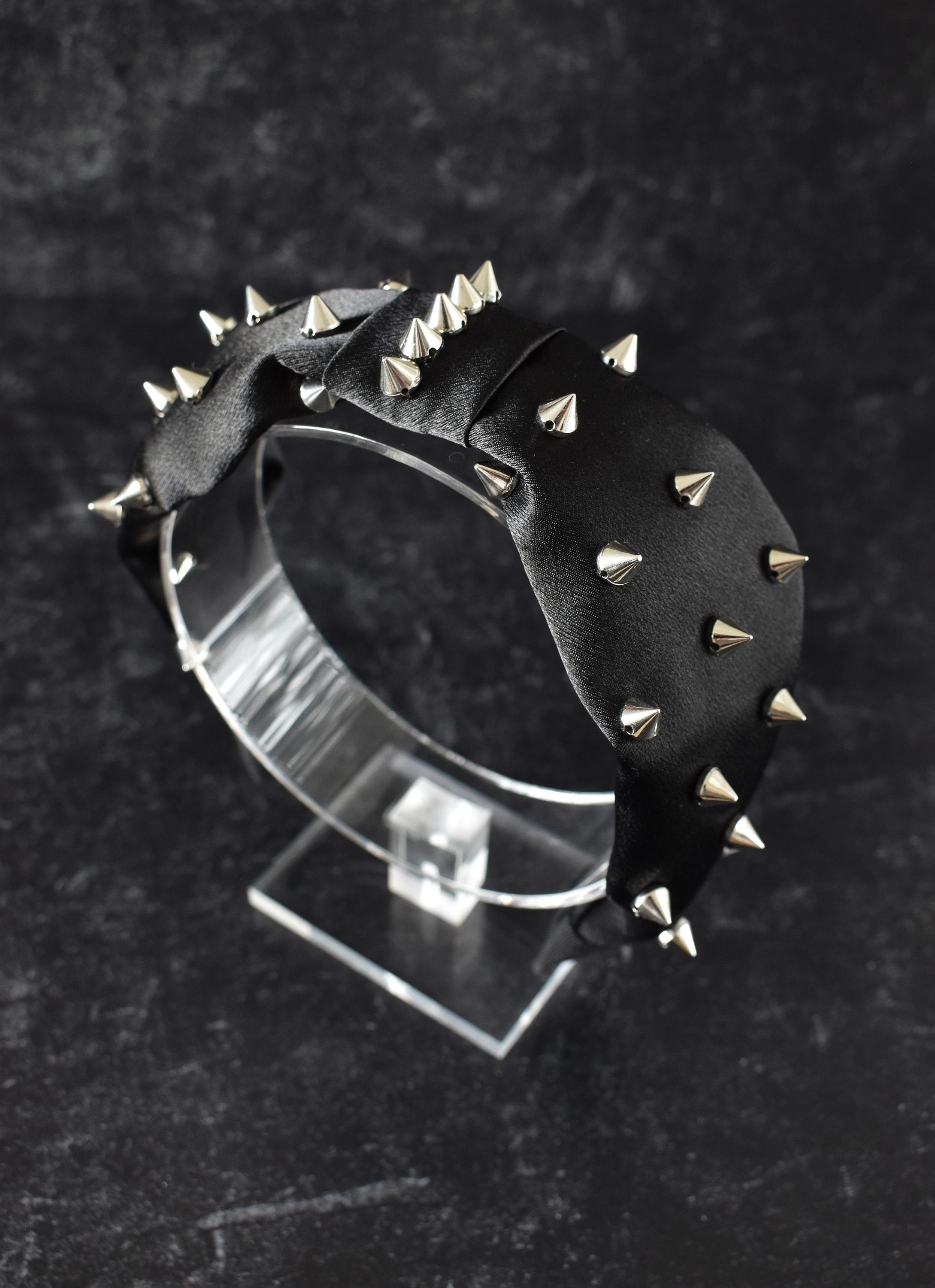Black Satin Headband With Silver Spikes, Studs | Goth  display picture 2