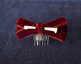 Scarlet Red Velvet Bone Hair Bow with crystals | goth, gothic lolita, bone bow, hair comb, goth coquette, gift, hair accessory