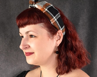Orange, Black, Grey, and White Halloween flannel plaid knot headband | Autumn, Fall, spooky season, cozy