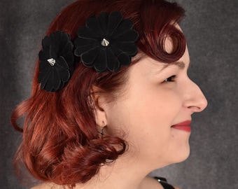 Pair of black velvet flowers with studs hair clip | goth, gothic, pinup, pin up, burlesque, gothabilly, hair flowers, rockbilly gift spike