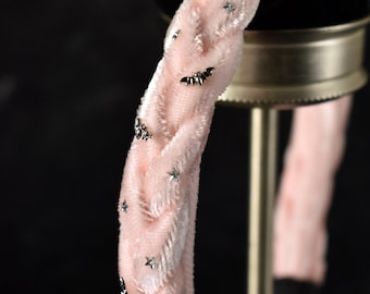 Pastel Goth Pink vintage velvet braided headband with bats and star rhinestones