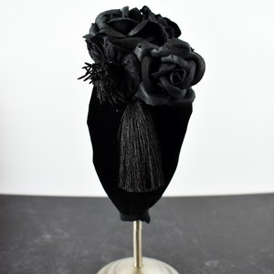 Black velvet knot headband with vintage millinery flowers, mulberry paper flowers, tassels, and crystals goth, gothic, vintage inspired image 8