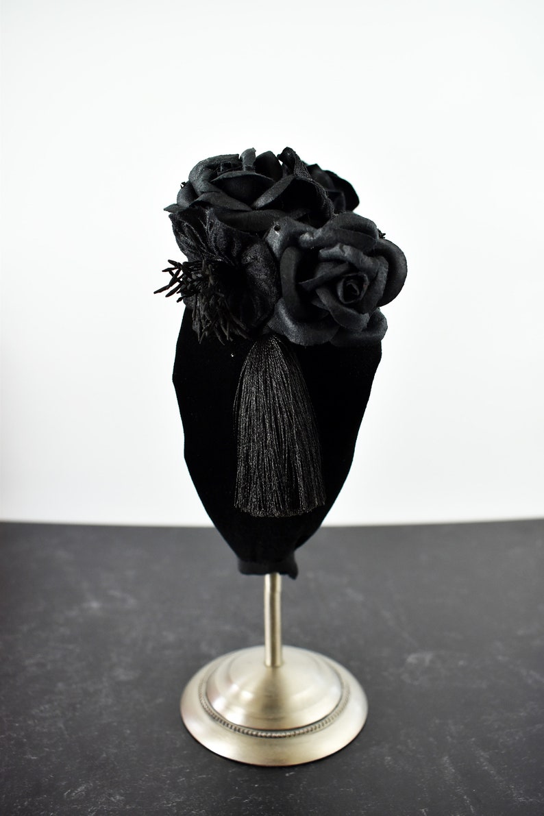 Black velvet knot headband with vintage millinery flowers, mulberry paper flowers, tassels, and crystals goth, gothic, vintage inspired image 8