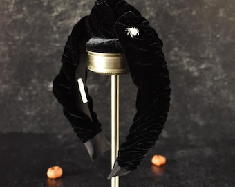 Black velvet shirred textured headband with rhinestone and pearl spider | goth, gothic