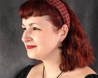 Black and Maroon flannel plaid knot headband | Autumn, Fall, spooky season, cozy, grunge style, sweater weather