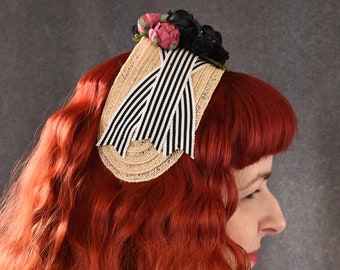 Straw headband fascinator with striped ribbon, paper flowers, vintage black velvet buds, rhinestones | headband, fascinator, spring, summer