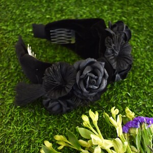 Black velvet knot headband with vintage millinery flowers, mulberry paper flowers, tassels, and crystals goth, gothic, vintage inspired image 4