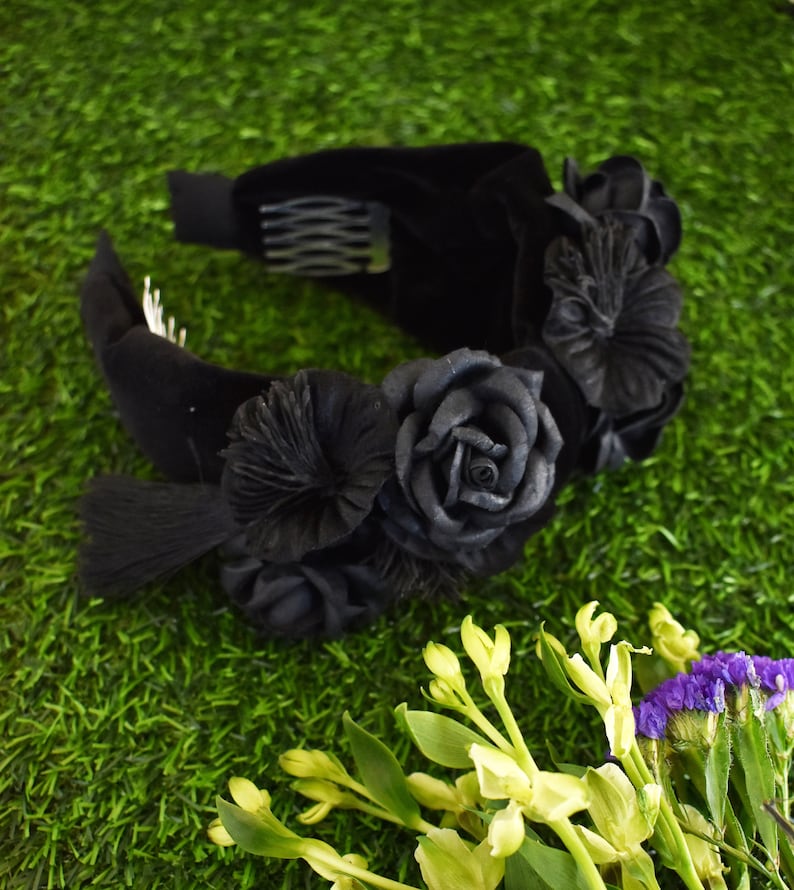 Black velvet knot headband with vintage millinery flowers, mulberry paper flowers, tassels, and crystals goth, gothic, vintage inspired image 4