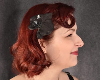 Black orchid with pearl spider hair clip | goth, gothic, pinup, pin up, burlesque, gothabilly, hair flowers, rockbilly gift