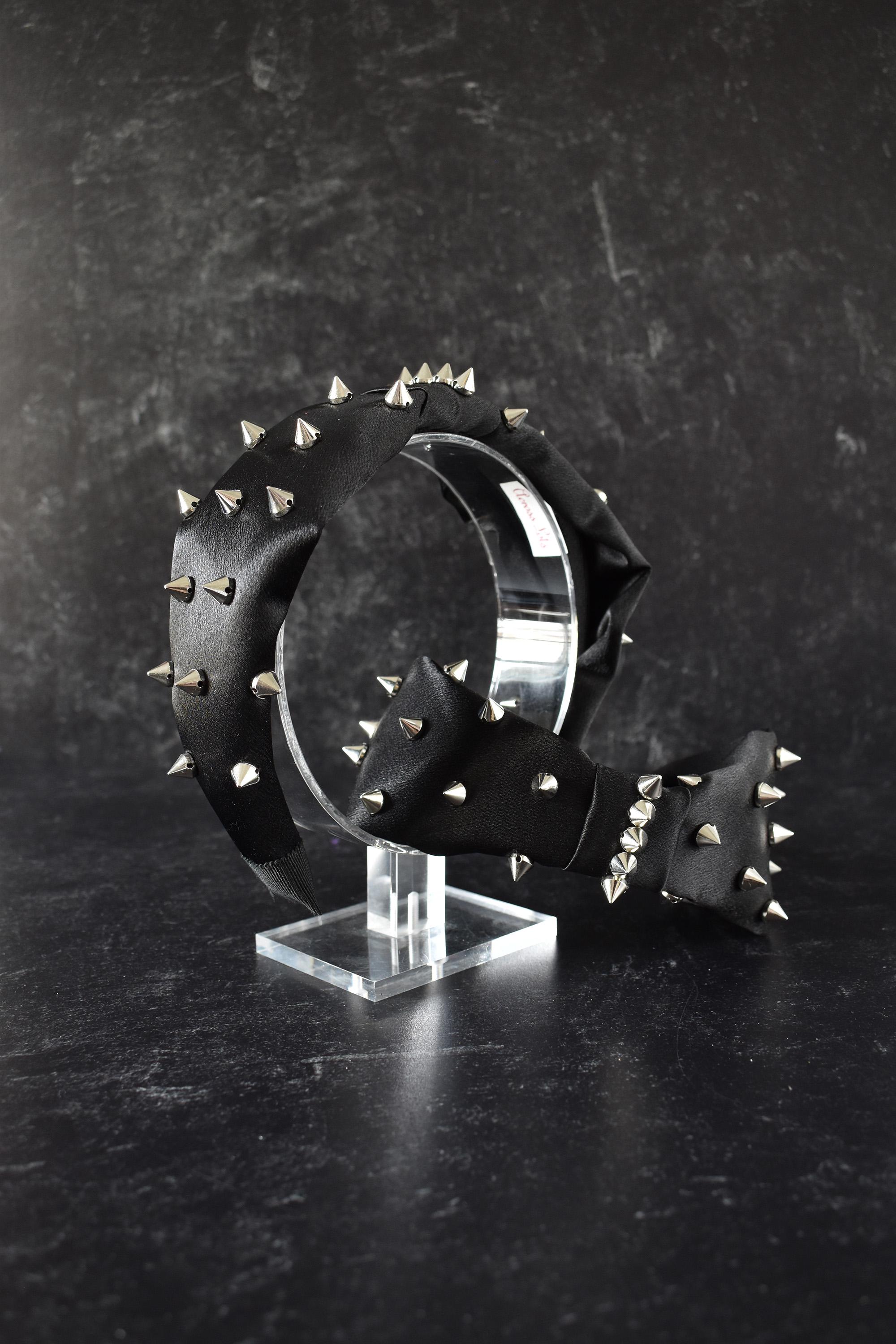 Black Satin Headband With Silver Spikes, Studs | Goth 