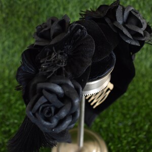 Black velvet knot headband with vintage millinery flowers, mulberry paper flowers, tassels, and crystals goth, gothic, vintage inspired image 6