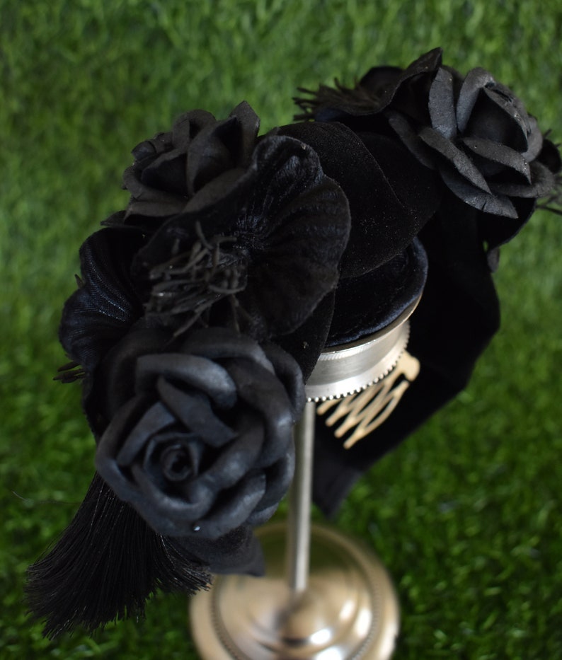 Black velvet knot headband with vintage millinery flowers, mulberry paper flowers, tassels, and crystals goth, gothic, vintage inspired image 6