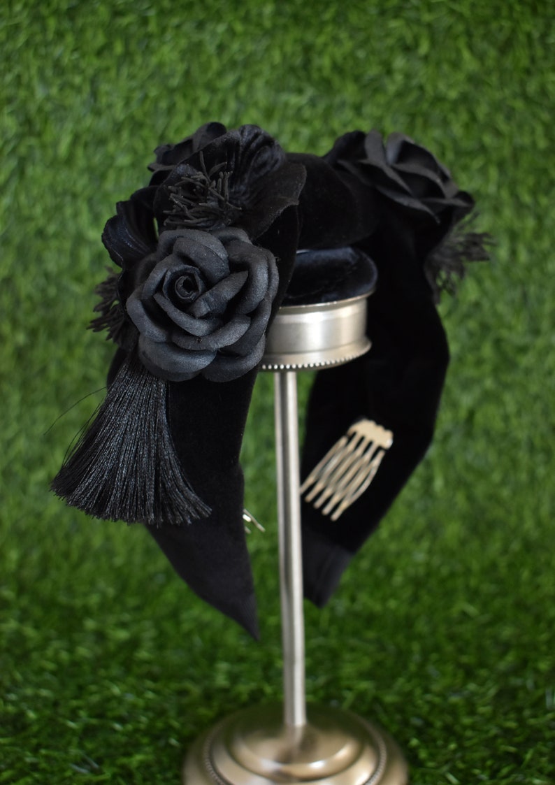 Black velvet knot headband with vintage millinery flowers, mulberry paper flowers, tassels, and crystals goth, gothic, vintage inspired image 7