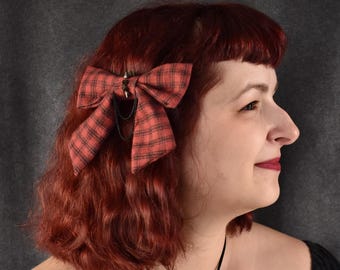Grunge Maroon and Black Plaid Flannel Hair Bow | punk, clip