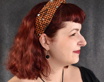 Grunge Orange and Black Gingham Halloween knot headband with studs, safety pins, and chains | punk, 90s