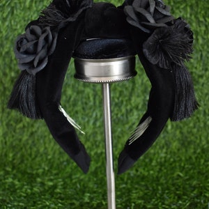 Black velvet knot headband with vintage millinery flowers, mulberry paper flowers, tassels, and crystals goth, gothic, vintage inspired image 5