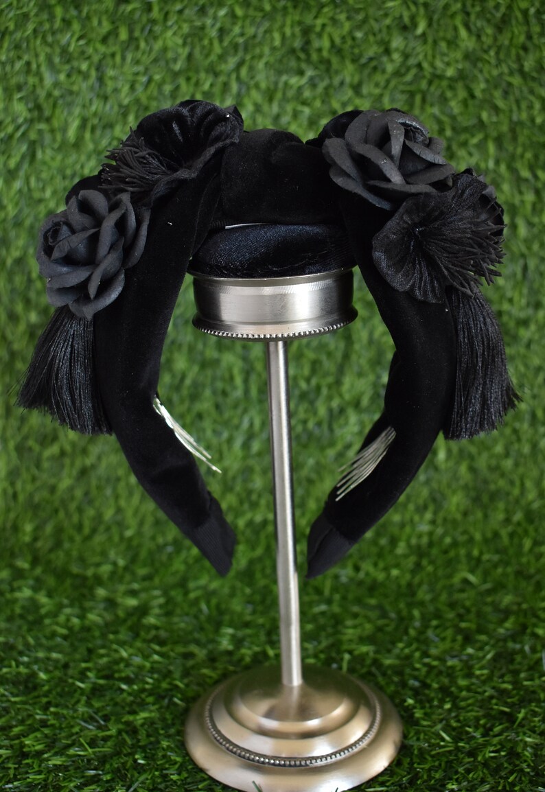 Black velvet knot headband with vintage millinery flowers, mulberry paper flowers, tassels, and crystals goth, gothic, vintage inspired image 5