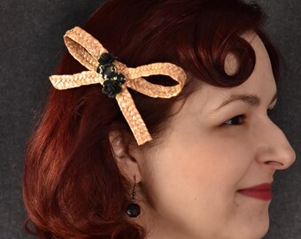 Champagne Straw Bow hair clip with flowers and gems | glam, bows, gems, fashion, straw headband, raffia, summer, spring, gift, hair bow