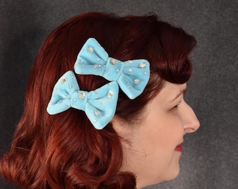 Blue Velvet Y2K McBling inspired set of mini bows with vintage velvet and skull rhinestones | hair accessories gift hair bows hairbow clip