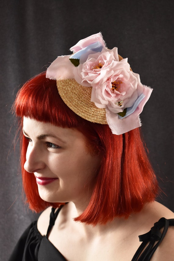 Straw and Pastel Vintage Millinery Flower Fascinator With  display picture 3