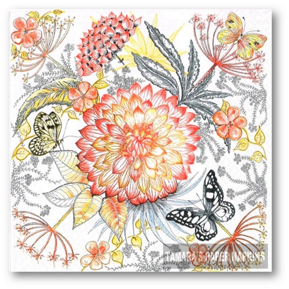 Roses meadow design -236 4 single paper decoupage napkins butterflies pink