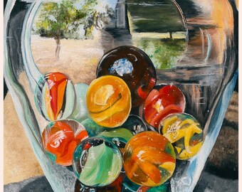 Jar of Marbles - Pintura al óleo original sobre lienzo, 8 x 10 pulgadas