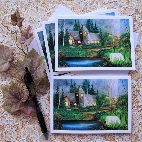 Fantasy Cottage Note Cards, Woodland Fantasy, A Set of 4 Note Cards