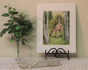 Baby Fawn Art Print, Wildlife Art Print, Matted and Signed Art Print 8x10 inches
