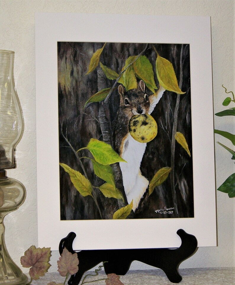 Matted and Signed Art Print 11x14 inch Squirrel Art Print Wildlife Art Print