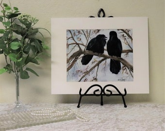 Raven Art Print, Crow Art Print, Black Birds Art Print, Matted and Signed Art Print 8x10 inch