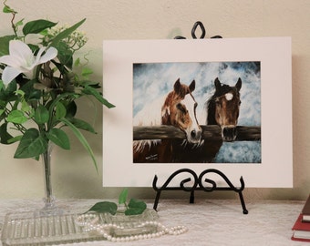 Horse Art print, Horses at Fence Art Print, Matted and Signed Art Print 8x10 inch