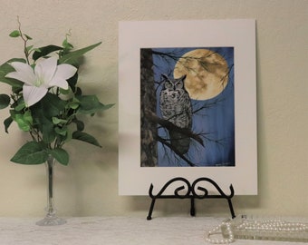 Owl with Moon Art Print, Wildlife Art Print, Signed and Matted, 8x10 inch